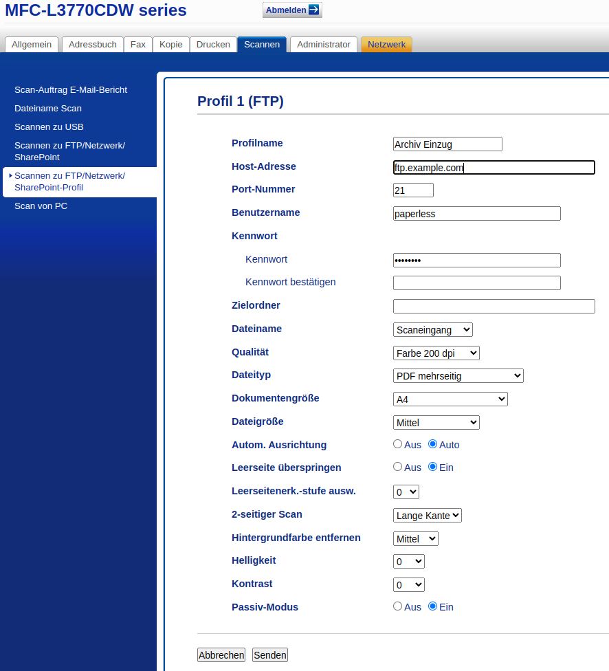 Einstellungen für ADF/DADF-Scan von Dokumenten