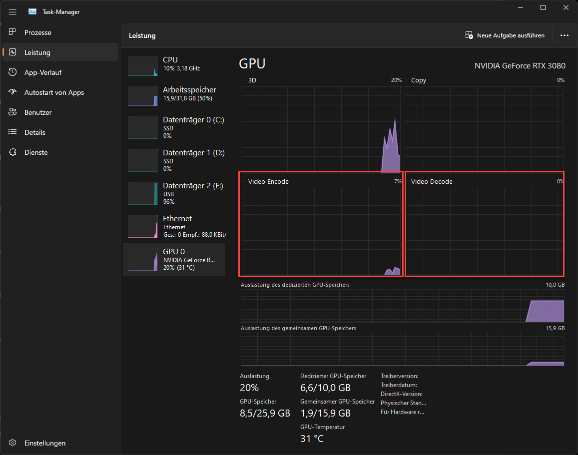 Task-Manager, Bereich: Leistung, USB